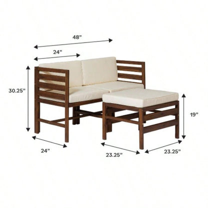 Contemporary 3 - Piece Modular Acacia Wood Left and Right Arm Chairs and Ottoman - Dark Brown
