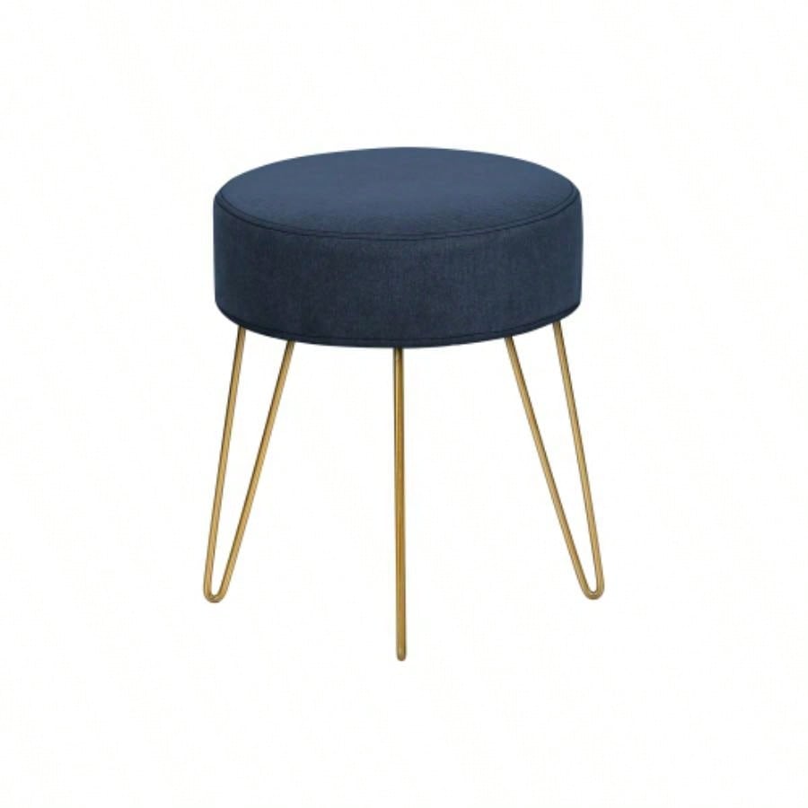 Ottoman, Pouf, Footrest, Foot Stool, 14 Round, Blue Fabric, Gold Metal, Contemporary, Modern