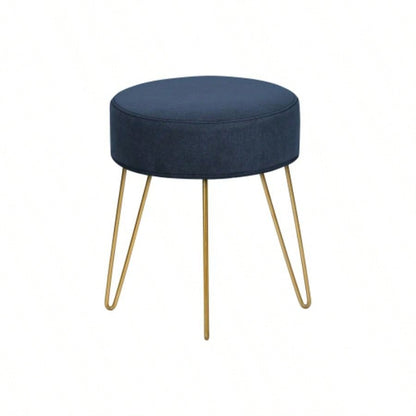 Ottoman, Pouf, Footrest, Foot Stool, 14 Round, Blue Fabric, Gold Metal, Contemporary, Modern