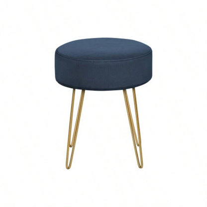 Ottoman, Pouf, Footrest, Foot Stool, 14 Round, Blue Fabric, Gold Metal, Contemporary, Modern