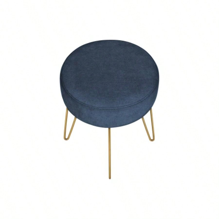 Ottoman, Pouf, Footrest, Foot Stool, 14 Round, Blue Fabric, Gold Metal, Contemporary, Modern