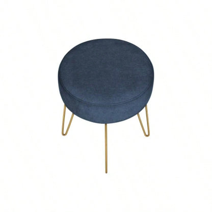 Ottoman, Pouf, Footrest, Foot Stool, 14 Round, Blue Fabric, Gold Metal, Contemporary, Modern