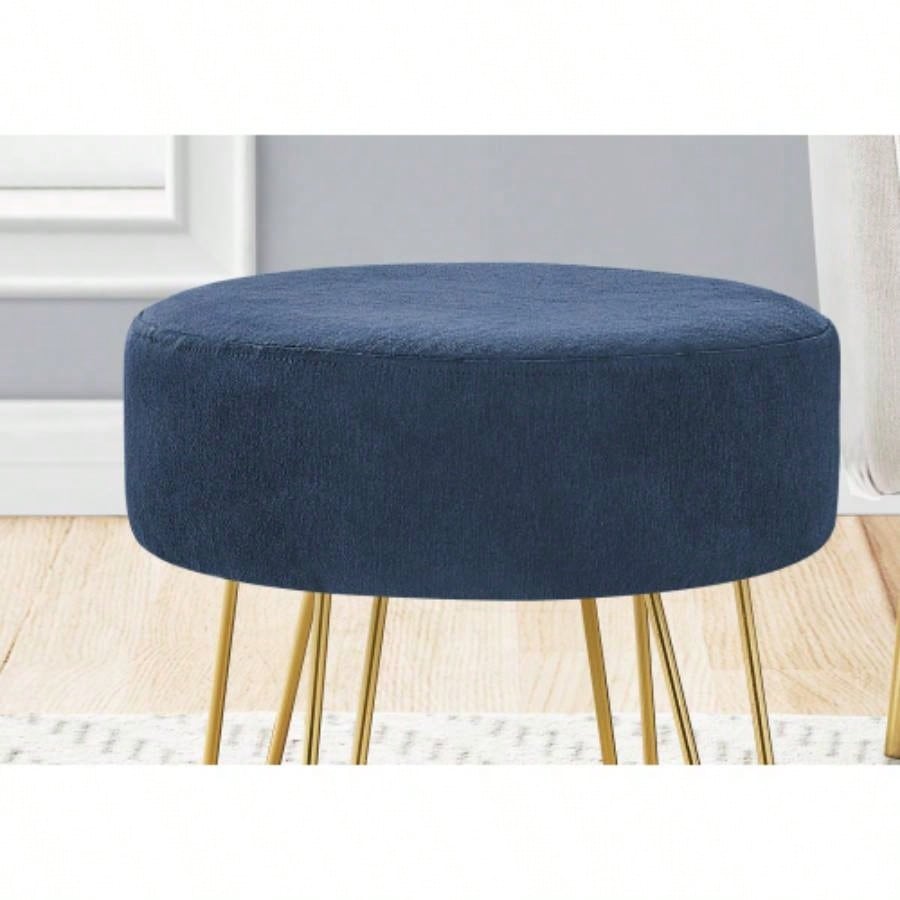 Ottoman, Pouf, Footrest, Foot Stool, 14 Round, Blue Fabric, Gold Metal, Contemporary, Modern