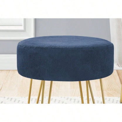Ottoman, Pouf, Footrest, Foot Stool, 14 Round, Blue Fabric, Gold Metal, Contemporary, Modern