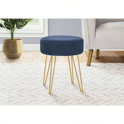 Ottoman, Pouf, Footrest, Foot Stool, 14 Round, Blue Fabric, Gold Metal, Contemporary, Modern