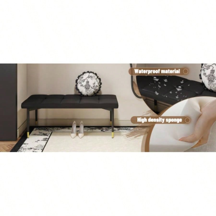 47*16 Inch Multifunctional Black Shoe - Faux PU Cushion, Sturdy Metal With Gold Accents. Suitable Bedroom, Fitting room, Storage room, Dining room, and Living room, etc. W1151P214994