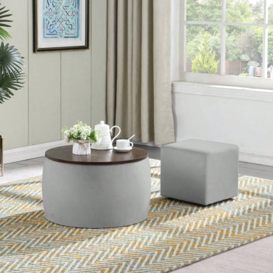 Video Round Ottoman Set with Storage, 2 in 1 combination, Round Coffee Table, Square Foot Rest Footstool Living Room Bedroom Entryway Office