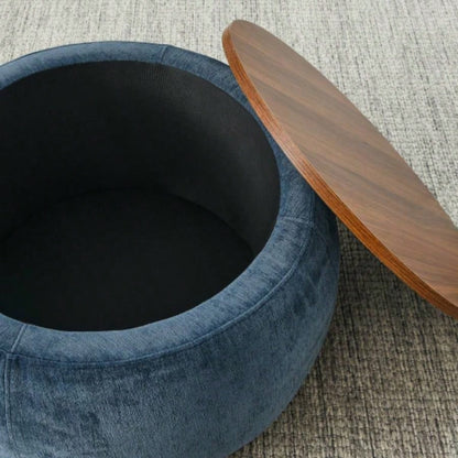 Round Storage Ottoman, 2 in 1 Function, Work as End table and Ottoman, with small, Dark blue25x25x14.