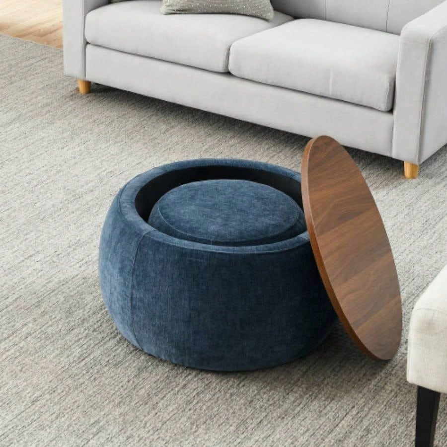 Round Storage Ottoman, 2 in 1 Function, Work as End table and Ottoman, with small, Dark blue25x25x14.