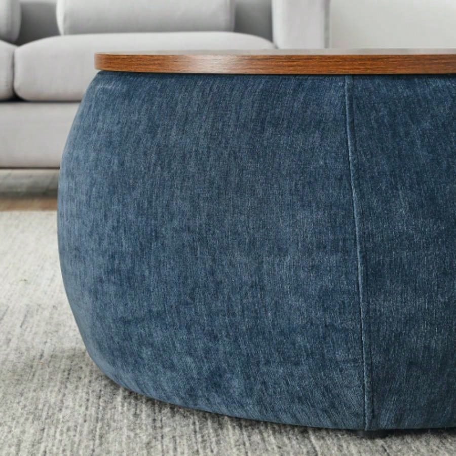 Round Storage Ottoman, 2 in 1 Function, Work as End table and Ottoman, with small, Dark blue25x25x14.