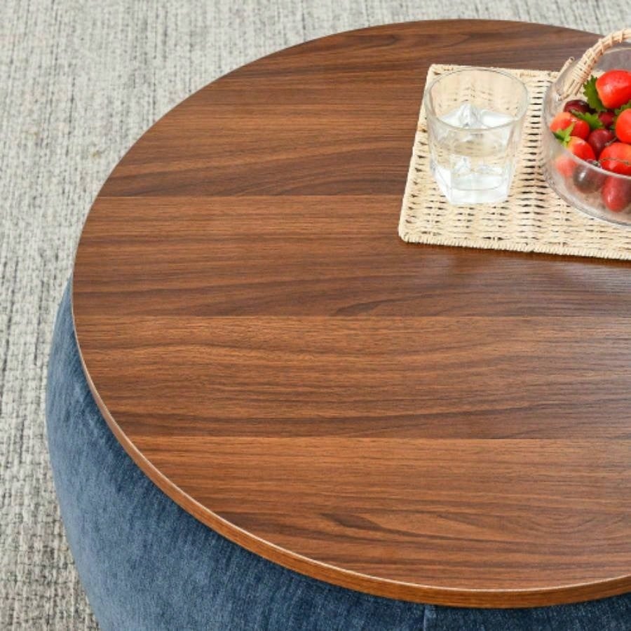 Round Storage Ottoman, 2 in 1 Function, Work as End table and Ottoman, with small, Dark blue25x25x14.
