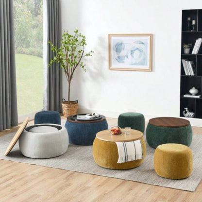 Round Storage Ottoman, 2 in 1 Function, Work as End table and Ottoman, with small, Dark blue25x25x14.