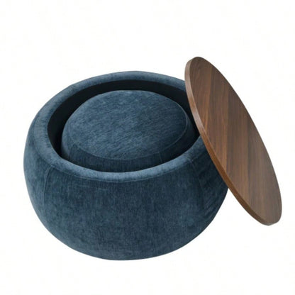 Round Storage Ottoman, 2 in 1 Function, Work as End table and Ottoman, with small, Dark blue25x25x14.