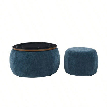 Round Storage Ottoman, 2 in 1 Function, Work as End table and Ottoman, with small, Dark blue25x25x14.