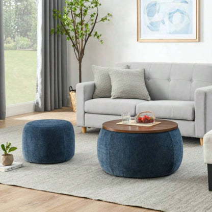 Round Storage Ottoman, 2 in 1 Function, Work as End table and Ottoman, with small, Dark blue25x25x14.