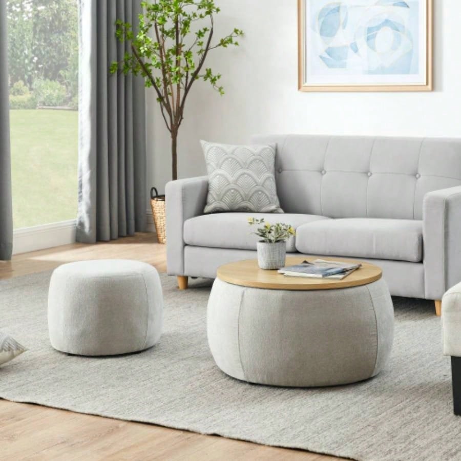 Round Storage Ottoman, 2 in 1 Function, Work as End table and Ottoman, with small, Dark blue25x25x14.