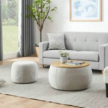 Round Storage Ottoman, 2 in 1 Function, Work as End table and Ottoman, with small, Dark blue25x25x14.