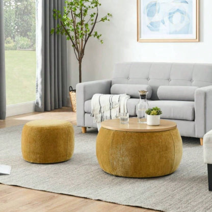 Round Storage Ottoman, 2 in 1 Function, Work as End table and Ottoman, with small, Dark blue25x25x14.