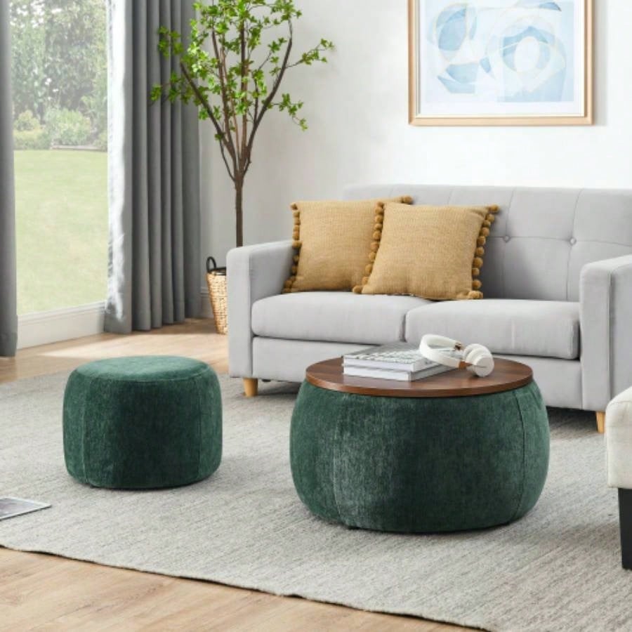 Round Storage Ottoman, 2 in 1 Function, Work as End table and Ottoman, with small, Dark blue25x25x14.