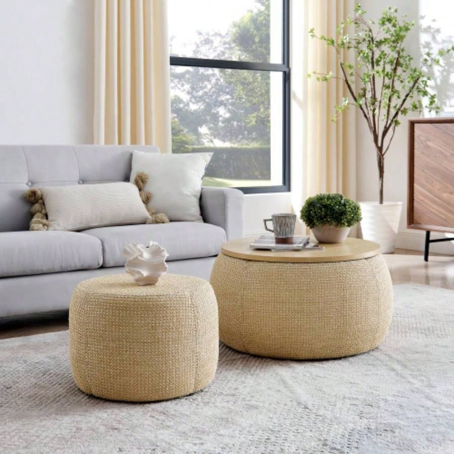 Round Storage Ottoman, 2 in 1 Function, Work as End table and Ottoman, with small, Dark blue25x25x14.