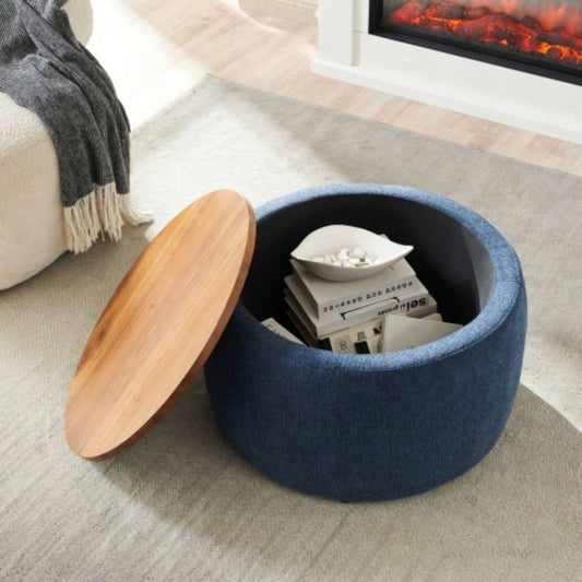 Round Storage Ottoman, 2 in 1 Function, Work as End table and Ottoman, Navy 25.5x25.5x14.5