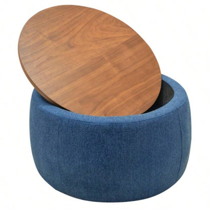 Round Storage Ottoman, 2 in 1 Function, Work as End table and Ottoman, Navy 25.5x25.5x14.5