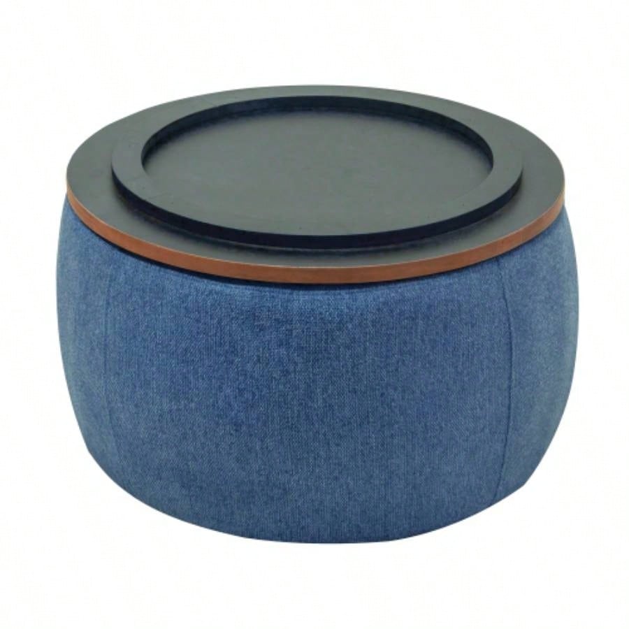 Round Storage Ottoman, 2 in 1 Function, Work as End table and Ottoman, Navy 25.5x25.5x14.5