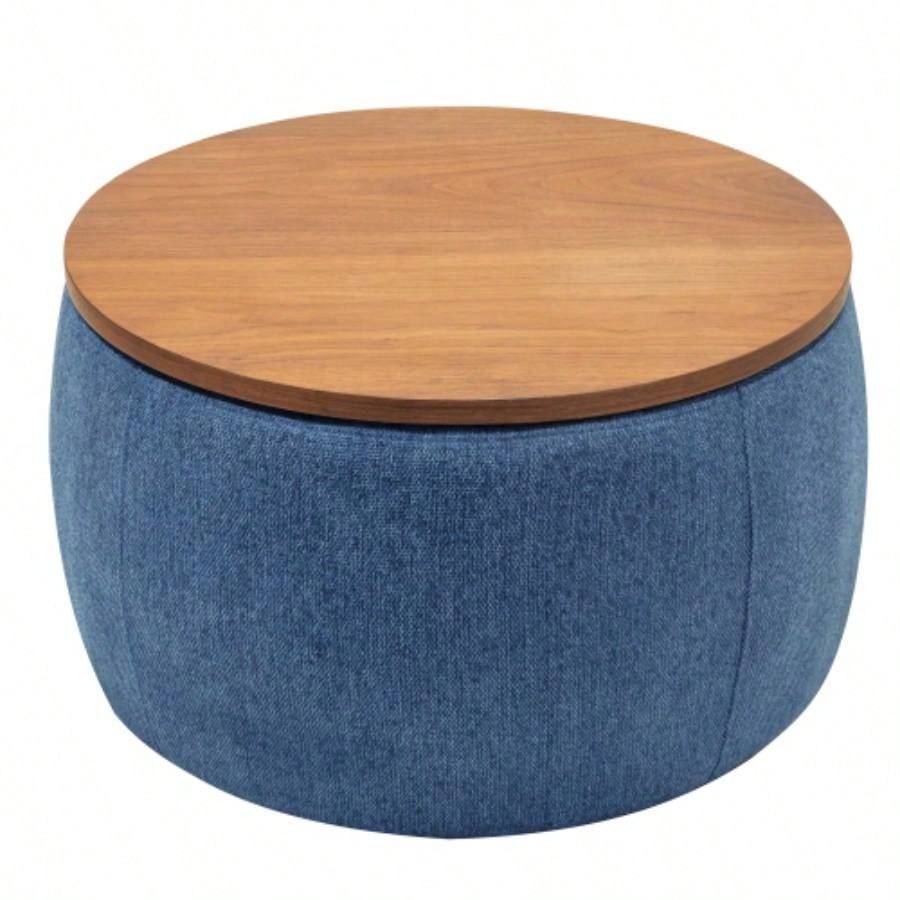 Round Storage Ottoman, 2 in 1 Function, Work as End table and Ottoman, Navy 25.5x25.5x14.5