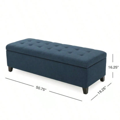Upholstered Storage Ottoman, Entryway, End of Bed, Ottoman Foot Rest Living Room Bedroom, Navy Blue 50.75 Length