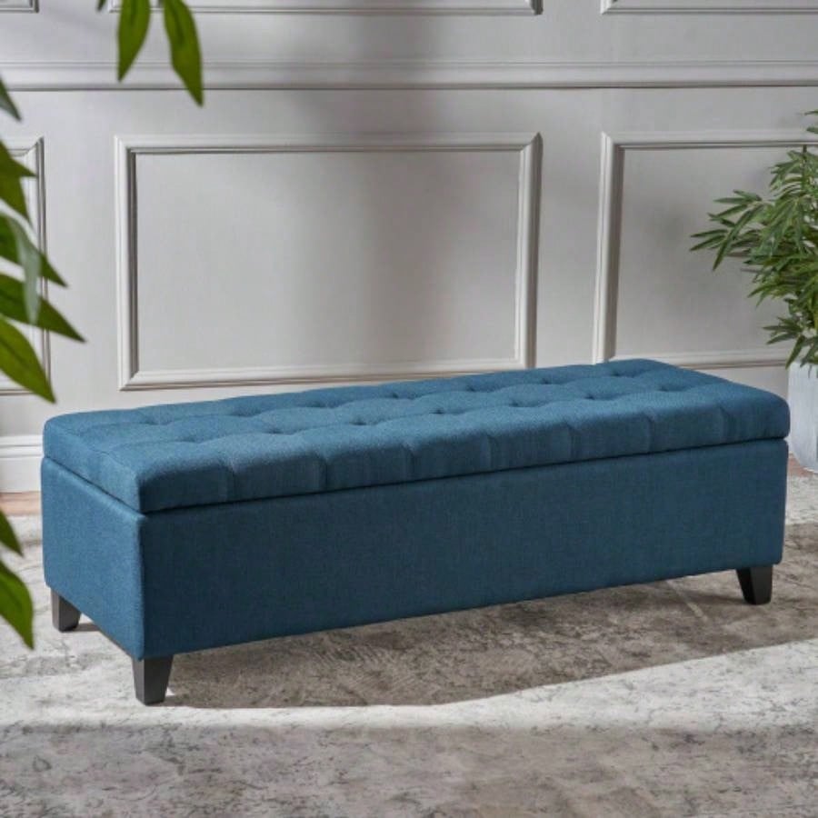 Upholstered Storage Ottoman, Entryway, End of Bed, Ottoman Foot Rest Living Room Bedroom, Navy Blue 50.75 Length