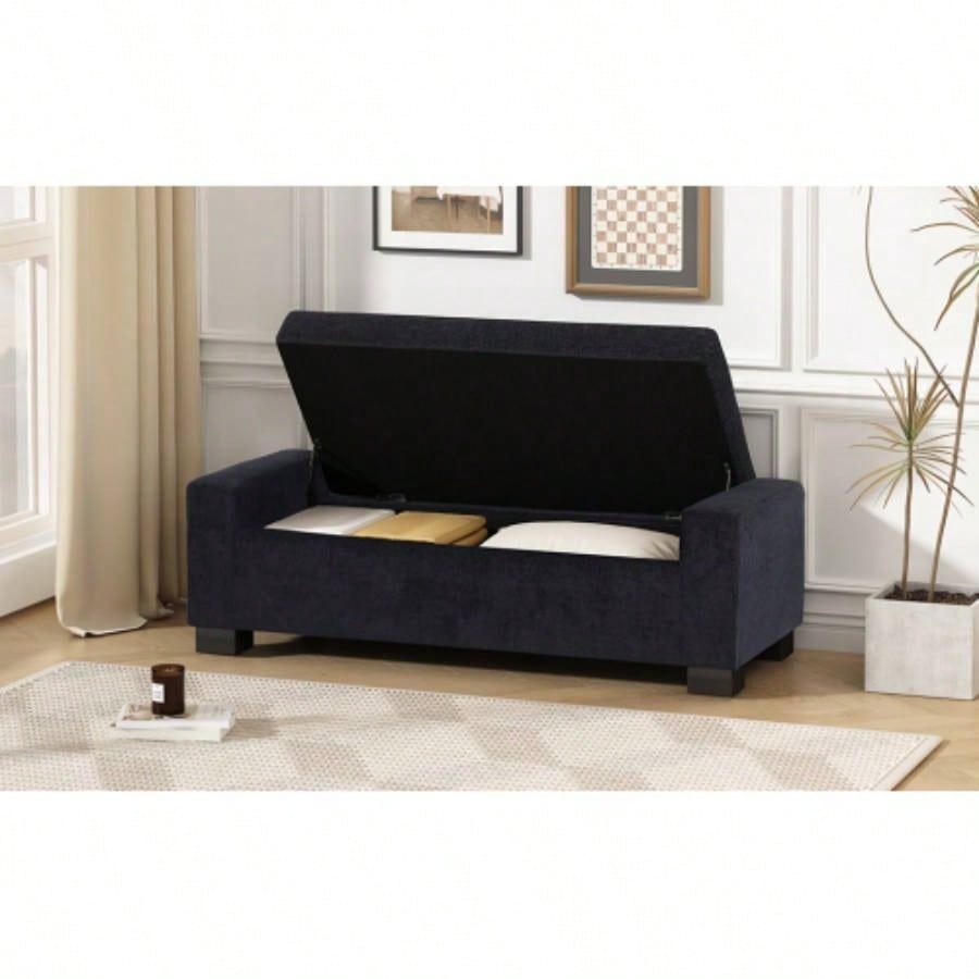 50 Ottoman in Textured Fabric, Rectangular Design with Hinged Lid Seating, Footrest, and Hidden Storage, Living Room, Bedroom, or Entryway
