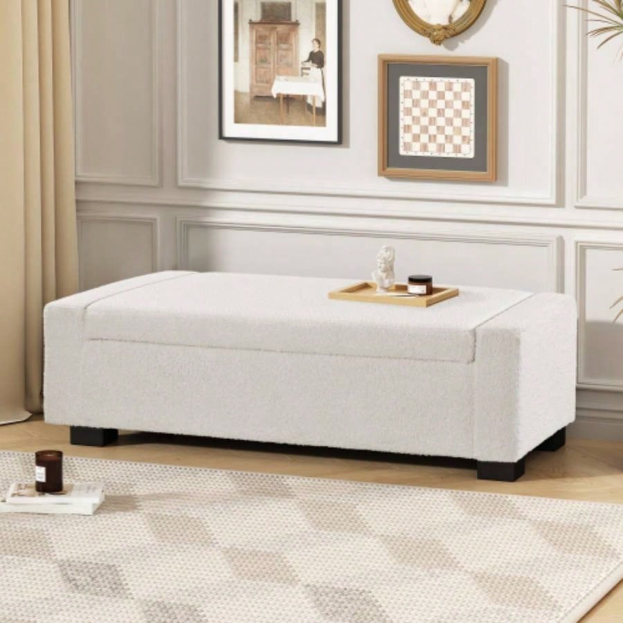 50 Ottoman in Textured Fabric, Rectangular Design with Hinged Lid Seating, Footrest, and Hidden Storage, Living Room, Bedroom, or Entryway