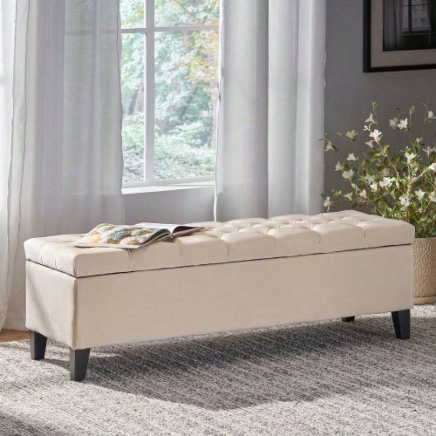 Button - Tufted and - Stitched Storage Ottoman, Beige
