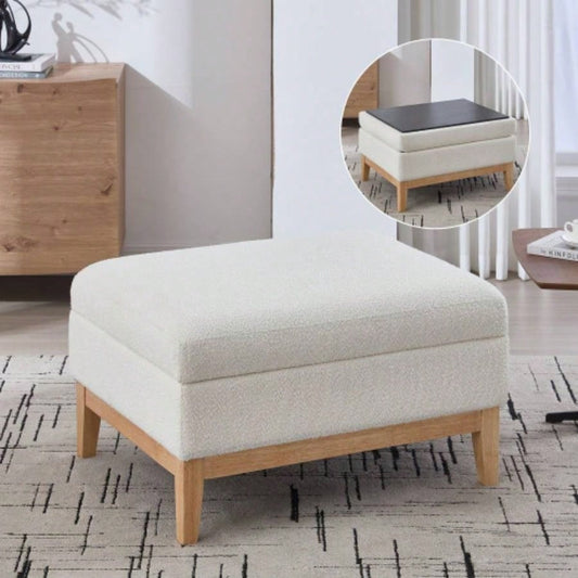 33.86 Upholstered Wood Base Storage Ottoman With Reversible Lid Coffee Table, Foot Stool Square Footrest with Rubberwood Living Room Bedroom Entryway and Office, Ivory Boucle.