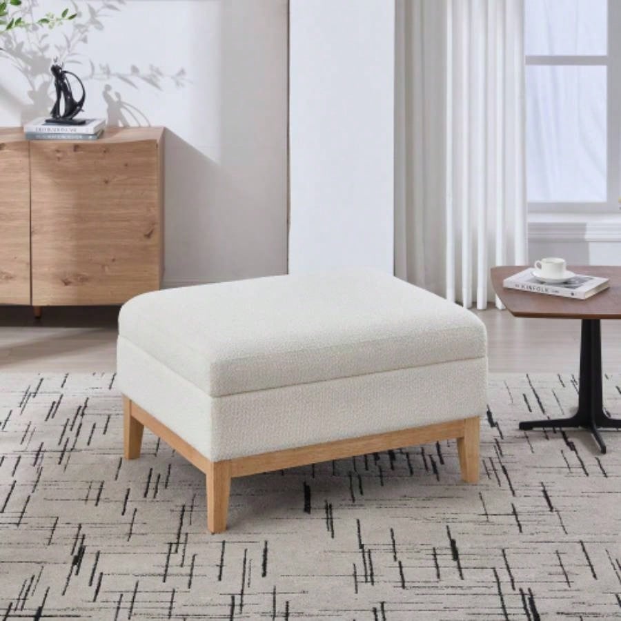 33.86 Upholstered Wood Base Storage Ottoman With Reversible Lid Coffee Table, Foot Stool Square Footrest with Rubberwood Living Room Bedroom Entryway and Office, Ivory Boucle.