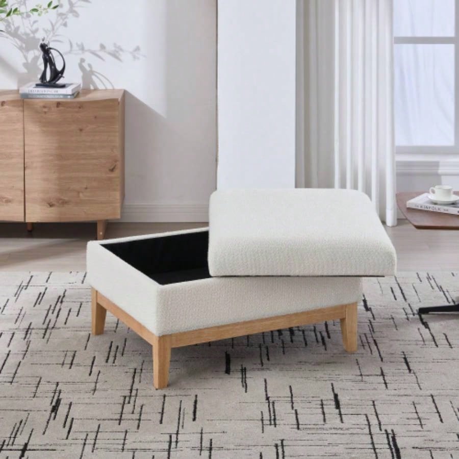 33.86 Upholstered Wood Base Storage Ottoman With Reversible Lid Coffee Table, Foot Stool Square Footrest with Rubberwood Living Room Bedroom Entryway and Office, Ivory Boucle.