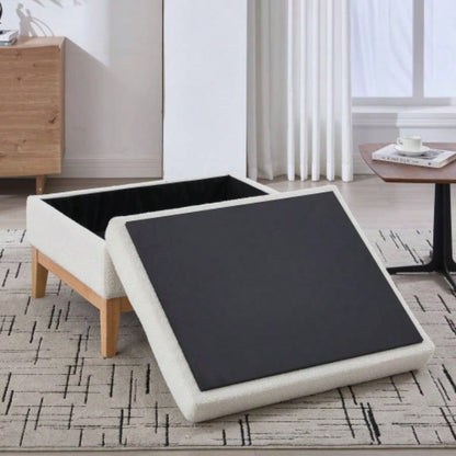 33.86 Upholstered Wood Base Storage Ottoman With Reversible Lid Coffee Table, Foot Stool Square Footrest with Rubberwood Living Room Bedroom Entryway and Office, Ivory Boucle.
