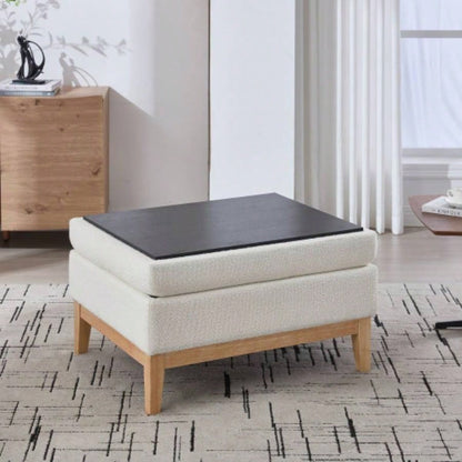 33.86 Upholstered Wood Base Storage Ottoman With Reversible Lid Coffee Table, Foot Stool Square Footrest with Rubberwood Living Room Bedroom Entryway and Office, Ivory Boucle.