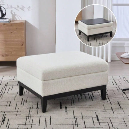 33.86 Upholstered Wood Base Storage Ottoman With Reversible Lid Coffee Table, Foot Stool Square Footrest with Rubberwood Living Room Bedroom Entryway and Office, Ivory Boucle.
