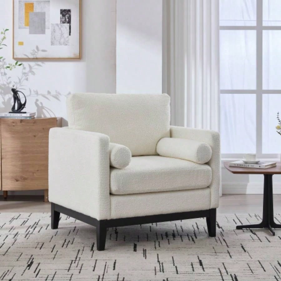 33.86 Upholstered Wood Base Storage Ottoman With Reversible Lid Coffee Table, Foot Stool Square Footrest with Rubberwood Living Room Bedroom Entryway and Office, Ivory Boucle.