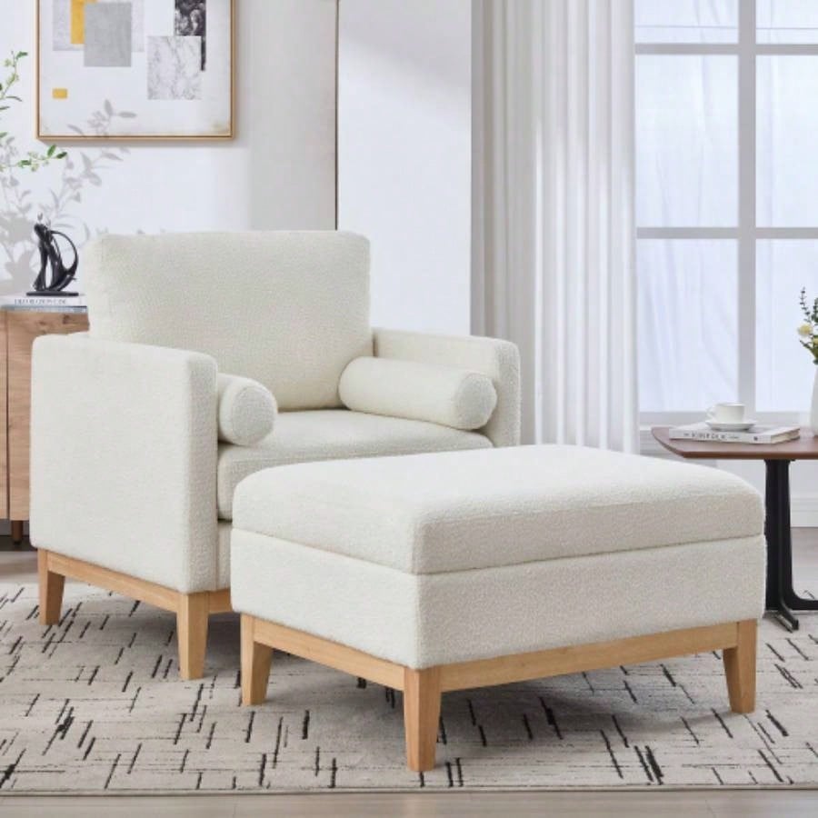 33.86 Upholstered Wood Base Storage Ottoman With Reversible Lid Coffee Table, Foot Stool Square Footrest with Rubberwood Living Room Bedroom Entryway and Office, Ivory Boucle.