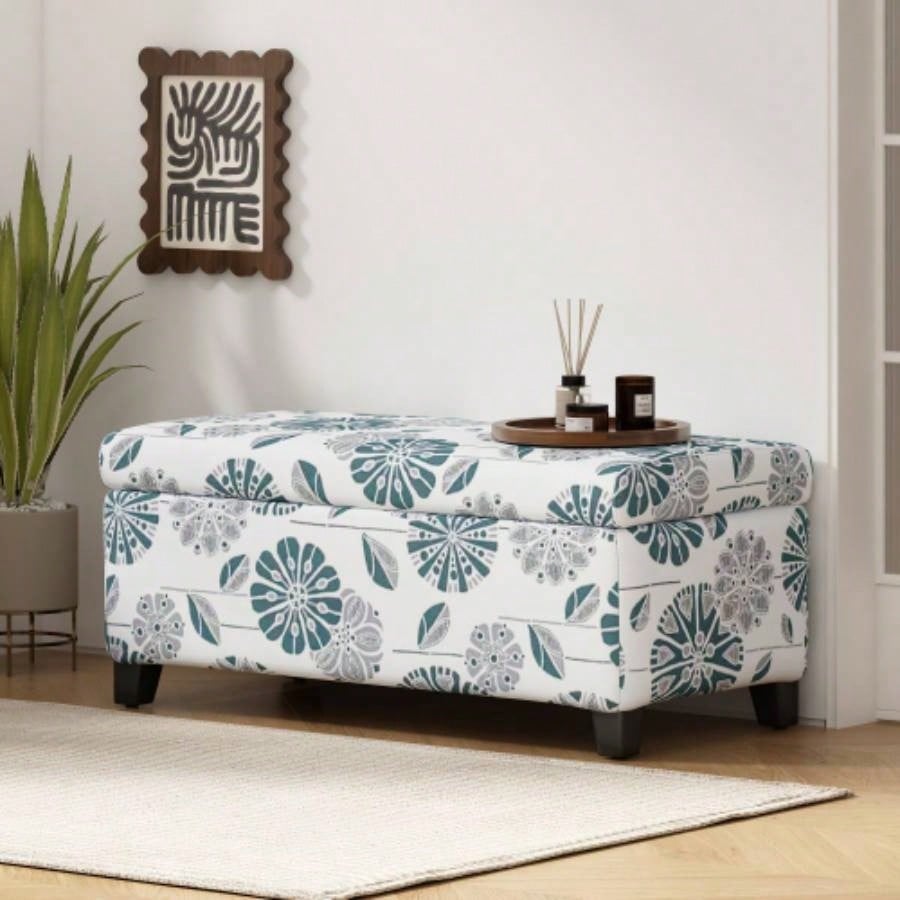 Luxury Storage Ottoman with Floral Patterned Fabric, Soft - Close Hinges, Multi - Functional Footrest Living Room, Bedroom - Hidden Compartment Blankets/Pillows