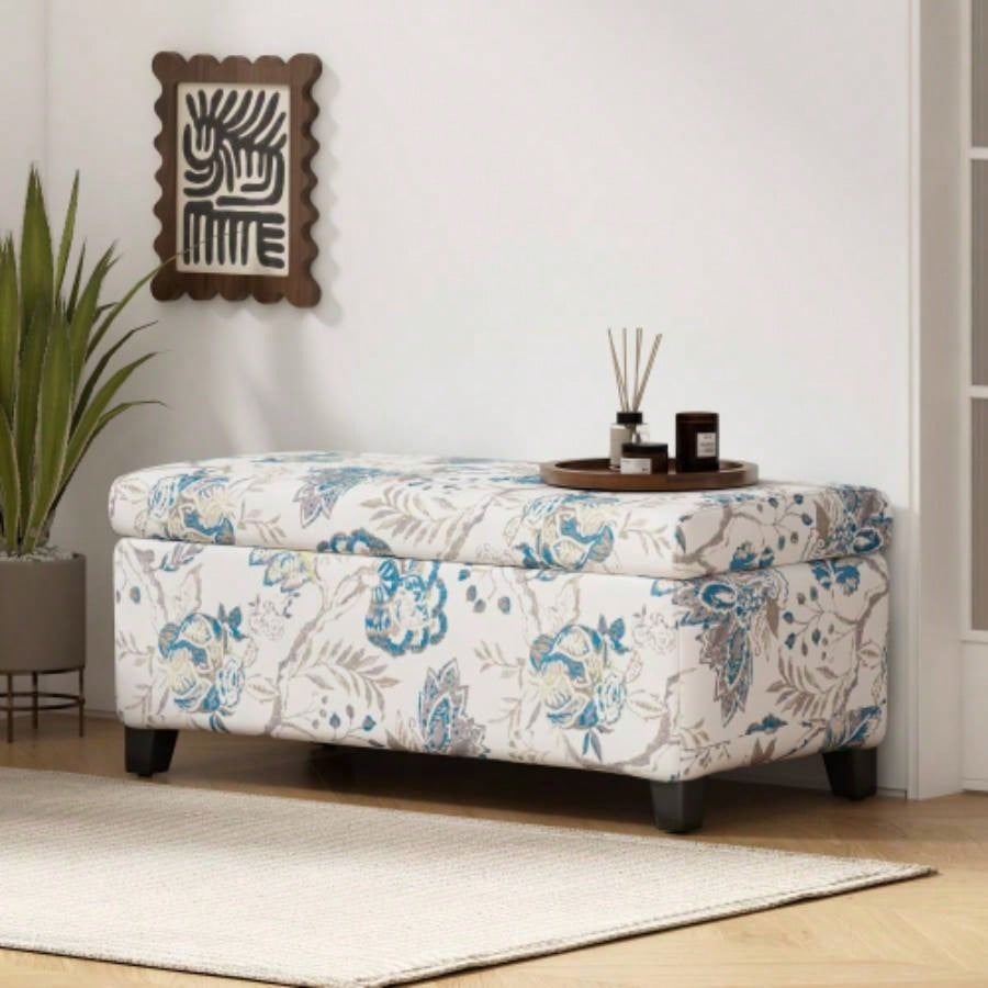 Luxury Storage Ottoman with Floral Patterned Fabric, Soft - Close Hinges, Multi - Functional Footrest Living Room, Bedroom - Hidden Compartment Blankets/Pillows