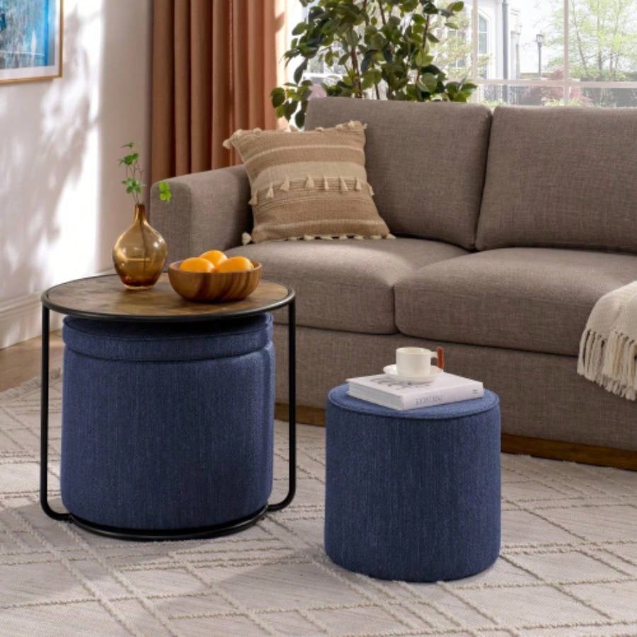 Ottoman, multi - functional combination set table Ottoman, combination of Ottoman and table, with drum stool, with storage space - Dark Blue