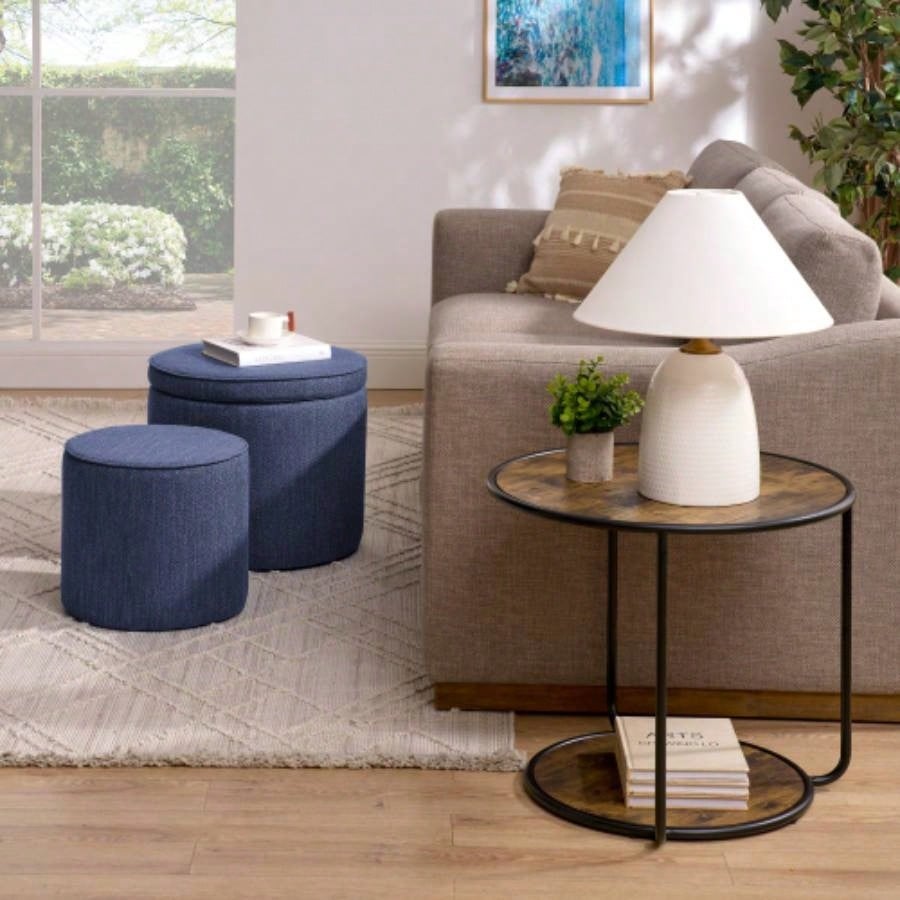 Ottoman, multi - functional combination set table Ottoman, combination of Ottoman and table, with drum stool, with storage space - Dark Blue
