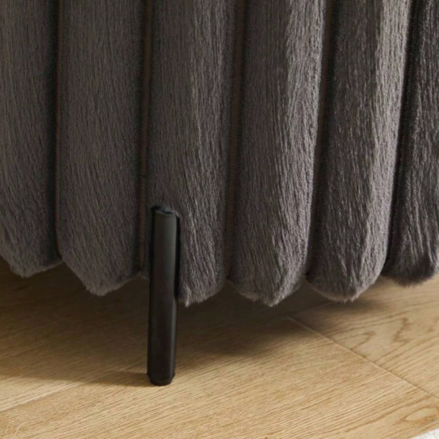 22.05Wide Upholstered Round Pouf Ottoman Foot Rest with Black Metal, Faux Fur Footstool Living Room Bedroom Entryway. Charcoal