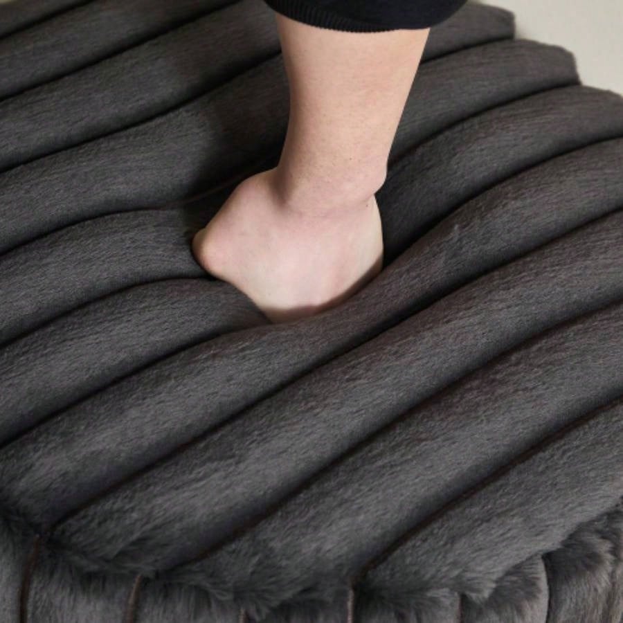 22.05Wide Upholstered Round Pouf Ottoman Foot Rest with Black Metal, Faux Fur Footstool Living Room Bedroom Entryway. Charcoal