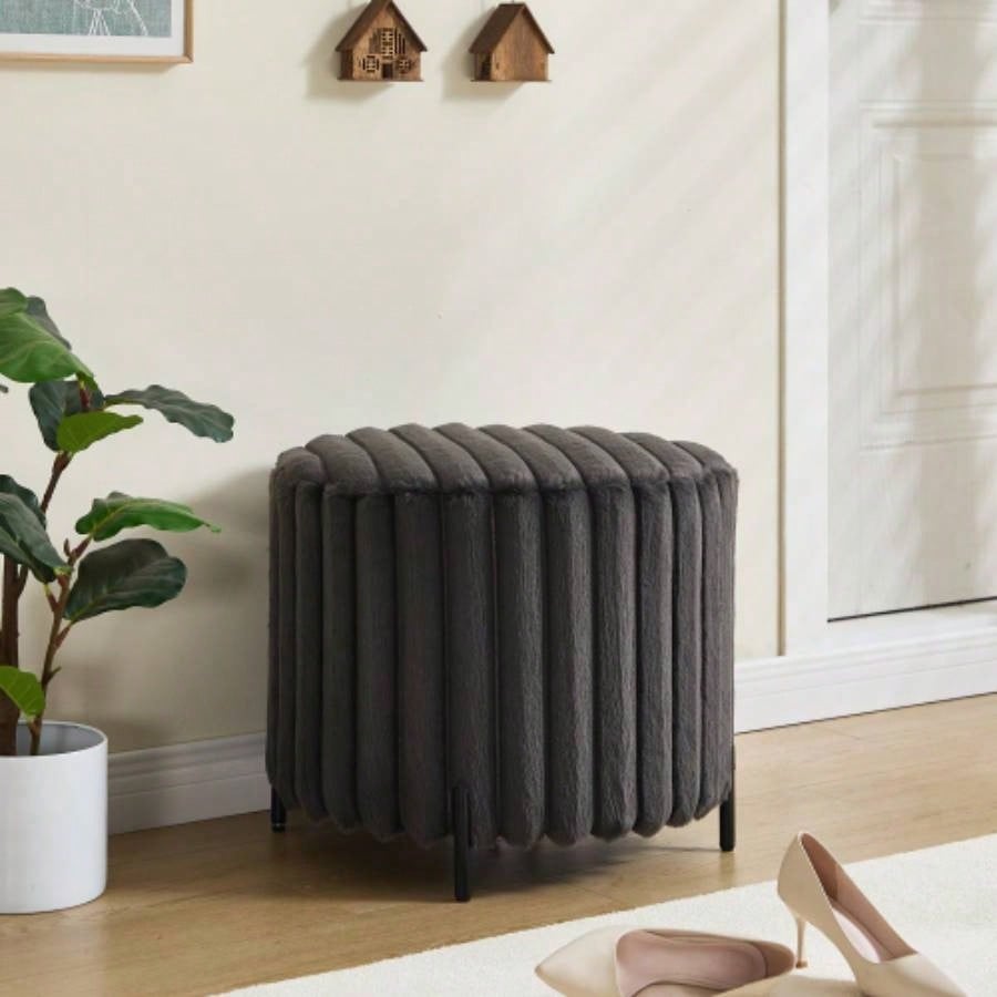22.05Wide Upholstered Round Pouf Ottoman Foot Rest with Black Metal, Faux Fur Footstool Living Room Bedroom Entryway. Charcoal