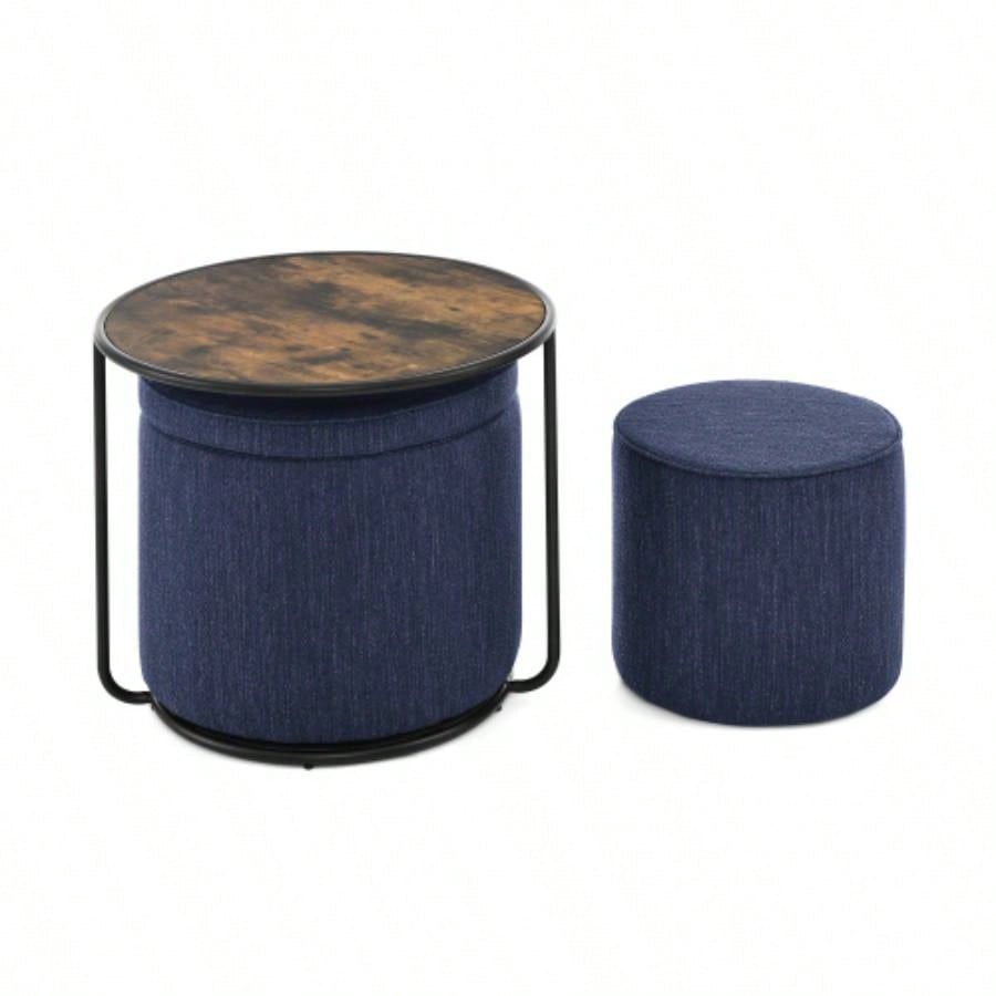 Ottoman, multi - functional combination set table Ottoman, combination of Ottoman and table, with drum stool, with storage space - Dark Blue