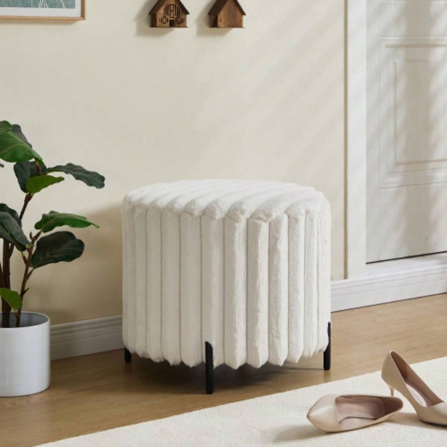 22.05Wide Upholstered Round Pouf Ottoman Foot Rest with Black Metal, Faux Fur Footstool Living Room Bedroom Entryway. Charcoal
